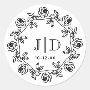 Kranz aus Rosen Zwei Initialen Hochzeitsmonogramm Runder Aufkleber