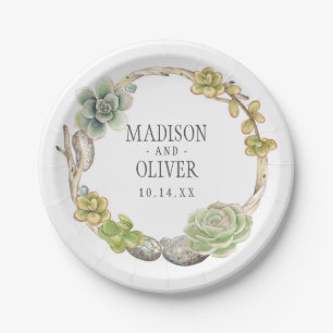 Kranz der Wedding Succulents, der Zweige und der Pappteller