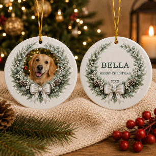 Kranz-Hund-Haustier-Weihnachten-Schleife Foto Keramik Ornament