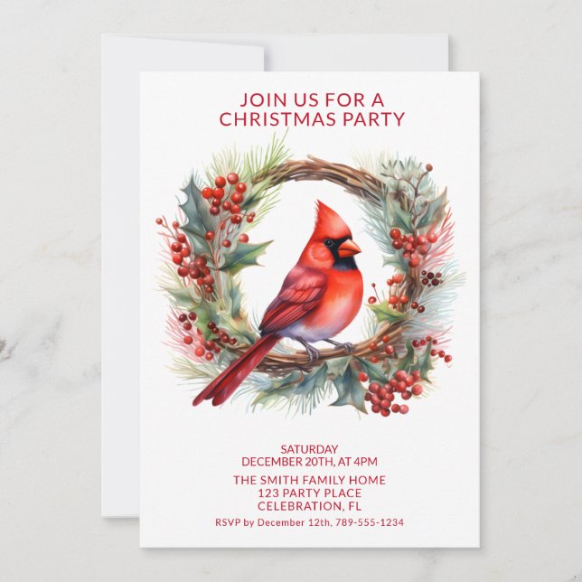 Kranz-Kardinal mit Party "Roter Schriftart" Einladung (Vorderseite)