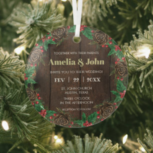 Kranz mit Kiefern-Hochzeitseinladung Weihnachten Ornament Aus Glas