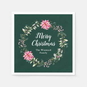 Kranz mit rosa Poinsettien Frohe Weihnachten Serviette