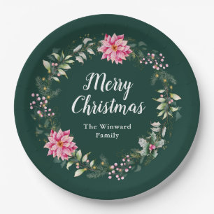 Kranz mit rosa Weihnachtssternen Frohe Weihnachten Pappteller