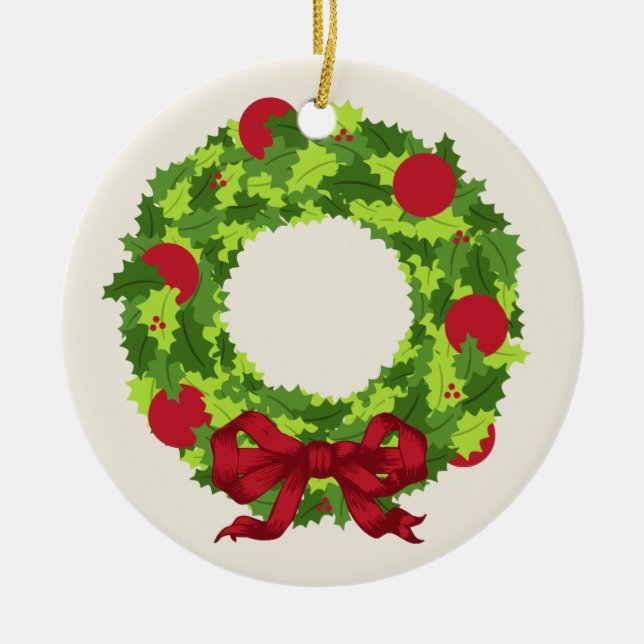 Kranz mit roter Bogen-Weihnachtsverzierung Keramik Ornament (Vorne)