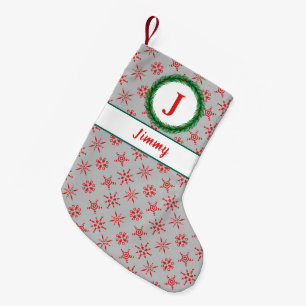 Kranz-Monogramm Ihr Name Silber & Rote Schneeflock Kleiner Weihnachtsstrumpf