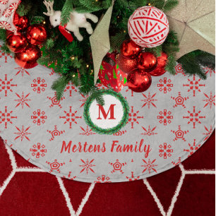 Kranz-Monogramm Ihr Name Silber & Rote Schneeflock Polyester Weihnachtsbaumdecke