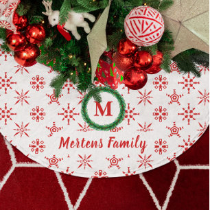 Kranz-Monogramm Ihr Name Weiß & Rote Schneeflocken Polyester Weihnachtsbaumdecke