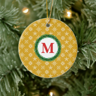 Kranz Monogramm Ihr Name Weiße Schneeflocken Gold Keramik Ornament