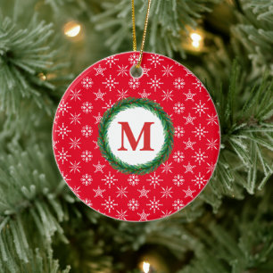 Kranz Monogramm Ihr Name Weiße Schneeflocken Rot Keramik Ornament