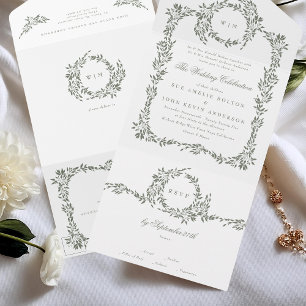 Kranz Monogramm Salbei Grün Eleganter Rahmen Hochz All In One Einladung