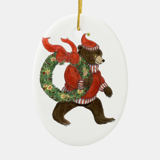 Kranz-Verzierung des Braunbären Weihnachts Keramikornament (Vorne)