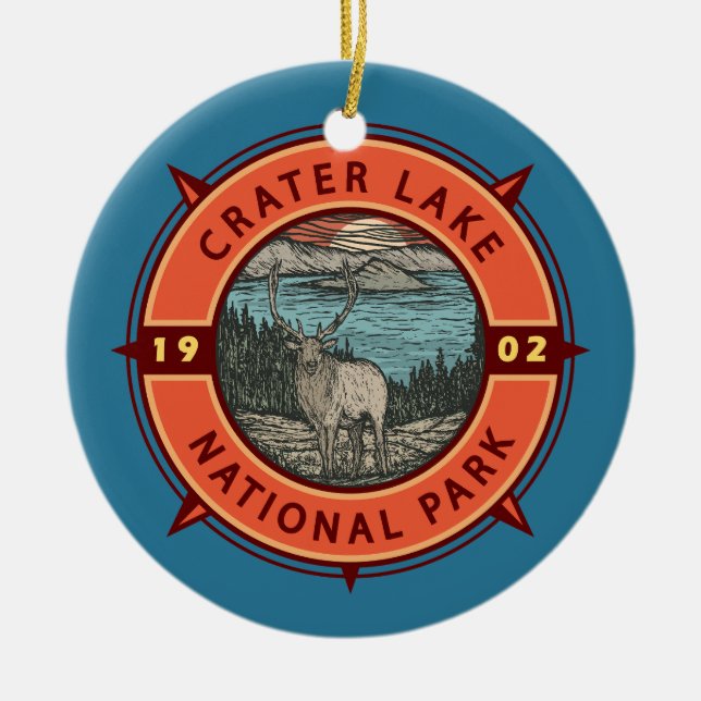 Krater Lake Nationalpark Elk Retro Kompass Emblem Keramik Ornament (Vorne)