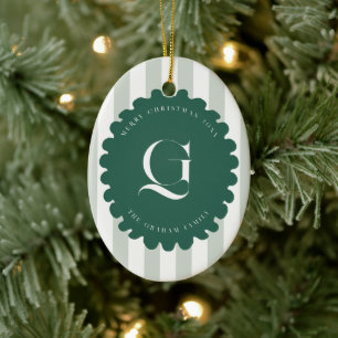 Krauselrahmen & Streifen Monogramm Weihnachtsfoto Keramik Ornament