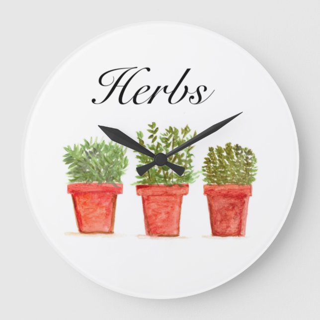 Kräuterpflanzen Thyme Rosemary Oregano Pflanze Pot Große Wanduhr (Vorderseite)