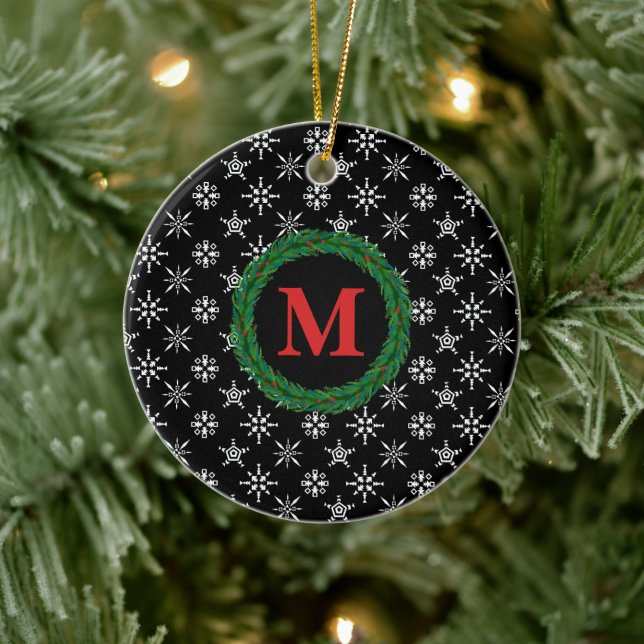 Krautmonogramm Ihr Name Weißer Gelber Schneeflocke Keramik Ornament (Baum)