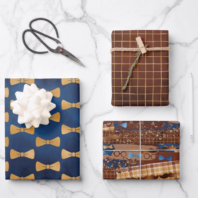 Krawatte, Brillen & Mustaches zum Vater Geschenkpapier Set (Vorderseite)