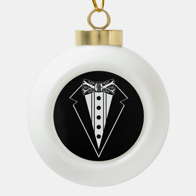 Krawatte mit schwarzem und weißem Bow mit Tux Keramik Kugel-Ornament (Vorderseite)