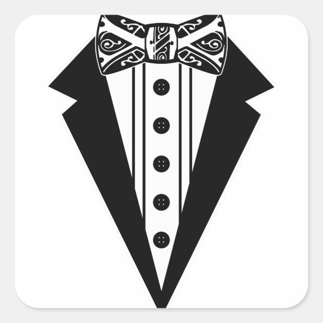 Krawatte mit schwarzem und weißem Bow mit Tux Quadratischer Aufkleber (Vorderseite)