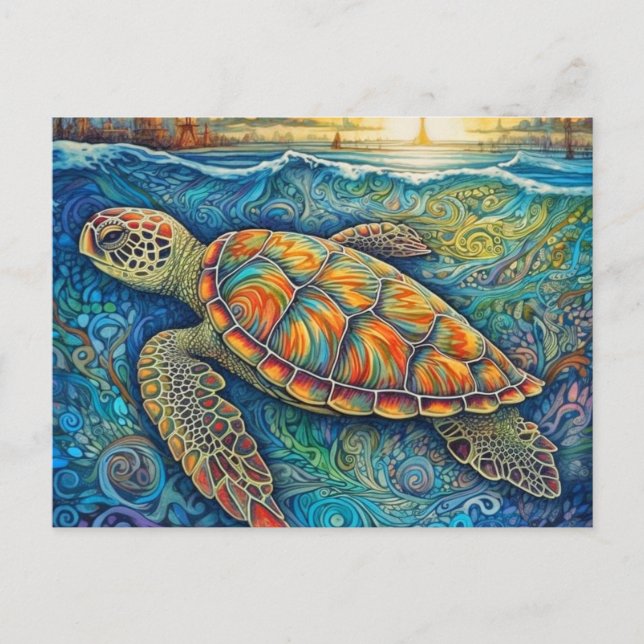 Kreative Farben Schwimmen Tortoise Illustration Postkarte (Vorderseite)
