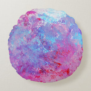 Kreative pink-blaue Textur, Farbflecken. Rundes Kissen