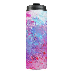Kreative pink-blaue Textur, Farbflecken. Thermosbecher