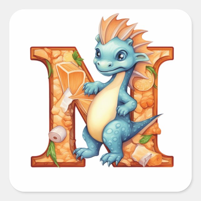 Kreativer Dinosaurier mit künstlerischem Buchstabe Quadratischer Aufkleber (Vorderseite)