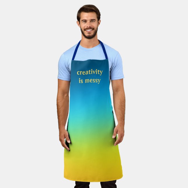 "Kreativität ist Messy" Blau und Gelb Ombre Schürze (Getragen)
