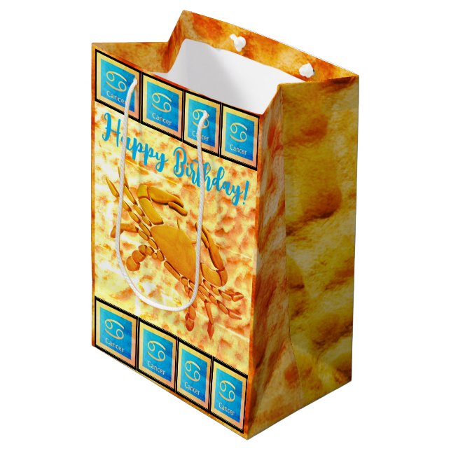 Krebs - Happy Birthday Medium Geschenkbeutel Mittlere Geschenktüte (Vorderseite Schrägansicht)