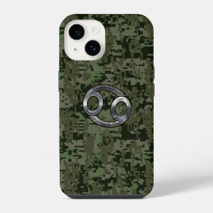 Krebs-Sternzeichen-Symbol auf Wald-Tarnmuster iPhone 14 Hülle