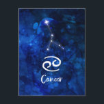 Krebs-Tierkreis-Konstellations-blaue Galaxie Postkarte<br><div class="desc">Krebs-Tierkreis-Konstellations-blaue Galaxie-himmlischer Entwurf. Mit trendy gebürstetem Skript-Schriftart, dunkelblauer himmlischer Watercolorhintergrundbeschaffenheit, glühender Sternkonstellation und dem Krabbensymbol. Modernes astrologisches Zeichen-Geburts-Horoskop, ist für jeden möglichen Krebs-Geburtstag vom 21. Juni - 20. Juli perfekt! Macht ein großes Geschenk für jedes mögliches Mädchen oder Junge, Familienmitglieder, Teens, Ehefrau, Ehemann, Freunde und Astrologie-Liebhaber. Kosmische Raum-Himmels-Postkarte! ~ Karo...</div>