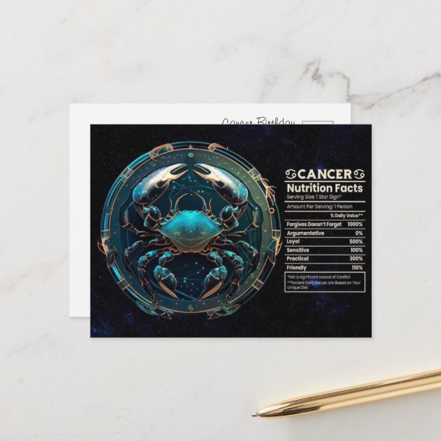 Krebs Zodiac Geburtstagskarte Postkarte (Vorderseite/Rückseite Beispiel)