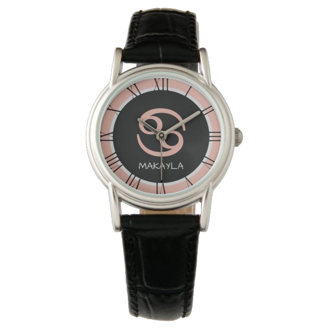 Krebs Zodiac Signieren Rose Rosa Schwarzer Individ Armbanduhr (Vorderseite)