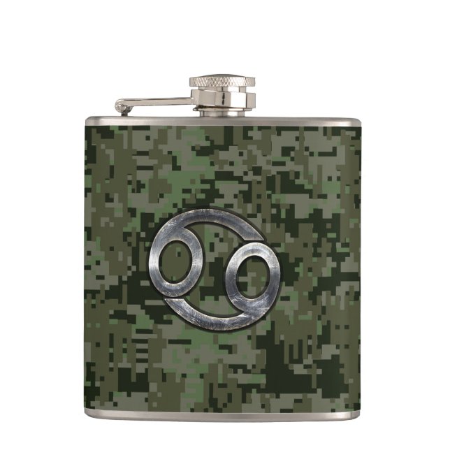 Krebs-Zodiac-Zeichen auf Olive Green Digital-Camou Flachmann (Vorderseite)