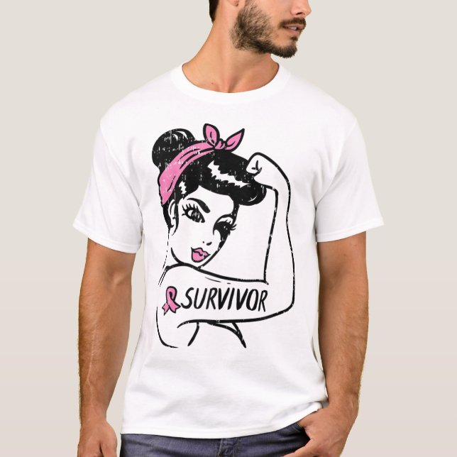Krebsüberlebung Rosie Riveter Pink Awareness Women T-Shirt (Vorderseite)