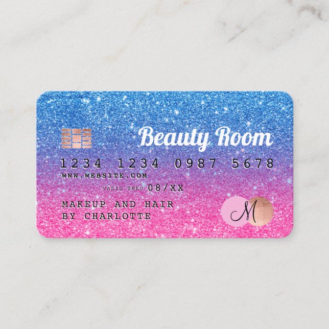 Kreditkarte blau rosa Glitzer Schönheitsmonogramm Visitenkarte (Vorderseite)
