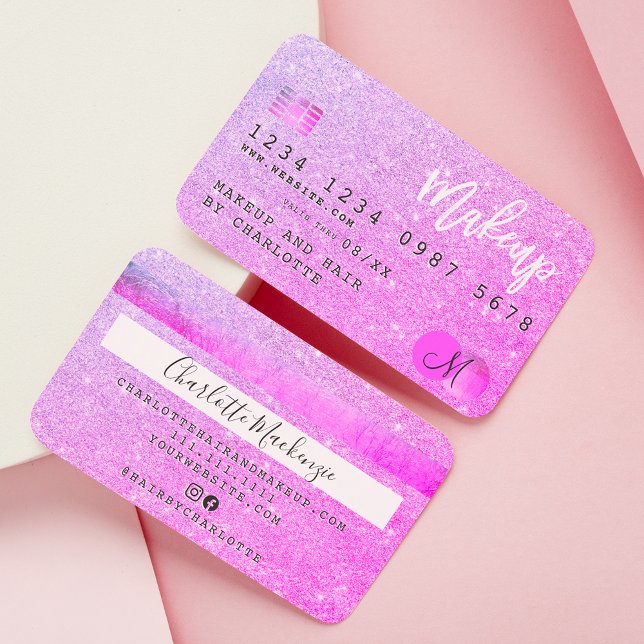 Kreditkarte chic pink Glitzer Make-up Haar Monogra Visitenkarte (Von Creator hochgeladen)