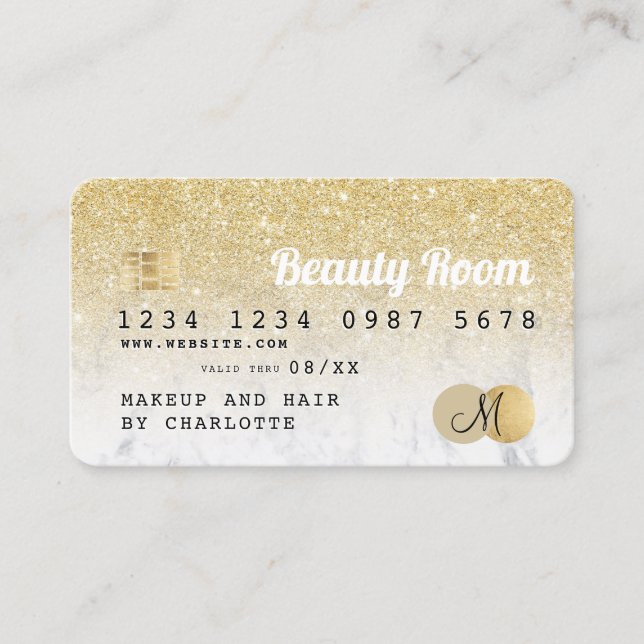 Kreditkarte Gold Glitzer Marmor Beauty Monogramm Visitenkarte (Vorderseite)