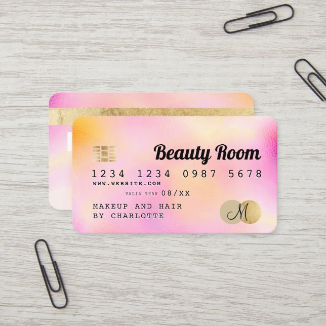 Kreditkarte Gold Perlrosa Girl Beauty Monogramm Visitenkarte (Vorderseite/Rückseite Beispiel)