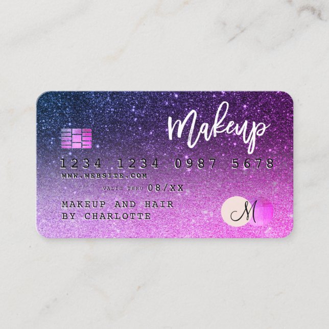Kreditkarte lila rosa Glitzer Haar Monogramm Visitenkarte (Vorderseite)