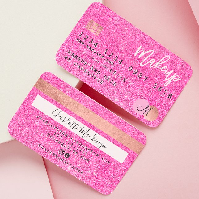Kreditkarte Neon Pink Glitzer Make-up Haar Monogra Visitenkarte (Von Creator hochgeladen)
