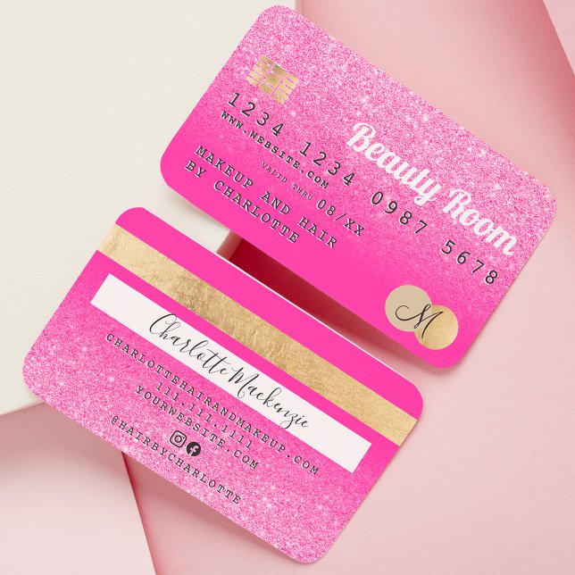 Kreditkarte Rosa Glitzer Schönheit Rosa Monogramm Visitenkarte (Von Creator hochgeladen)