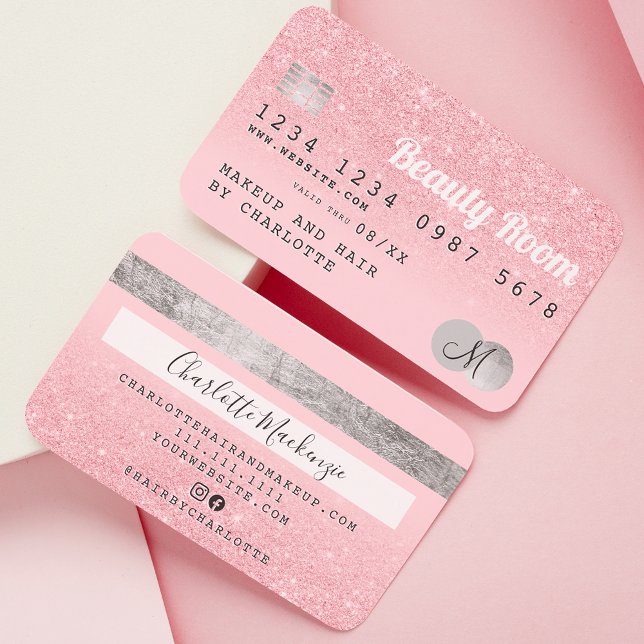 Kreditkarte Rosa Glitzer Schönheit Silber Monogram Visitenkarte (Von Creator hochgeladen)