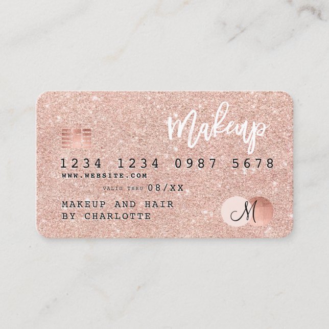 Kreditkarte Rose Gold Glitzer Make-up Haar Monogra Visitenkarte (Vorderseite)