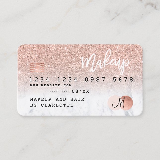 Kreditkarte Rose Gold Glitzer Marmor chic Monogram Visitenkarte (Vorderseite)