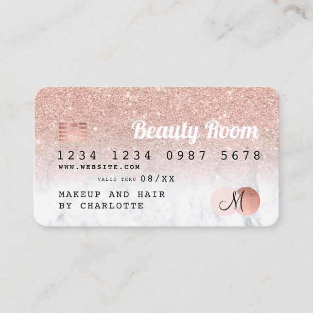 Kreditkarte Rose Gold Glitzer Marmor Monogramm Visitenkarte (Vorderseite)