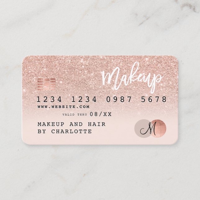 Kreditkarte Rose Gold Glitzer rot Rosa Monogramm Visitenkarte (Vorderseite)