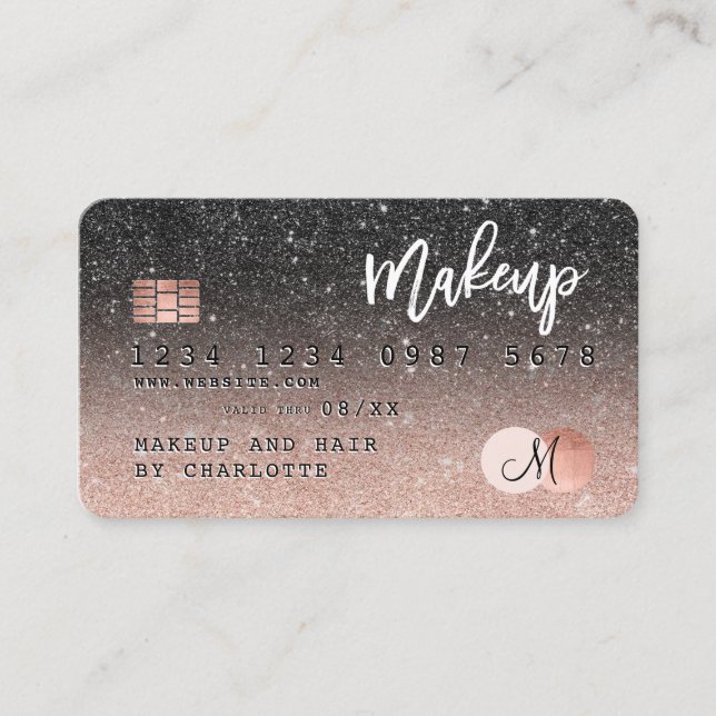 Kreditkarte Rose Gold Schwarz Glitzer Haar Monogra Visitenkarte (Vorderseite)