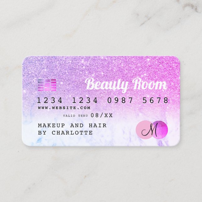 Kreditkarte Schönheitsrosa Glitzer Marmor Monogram Visitenkarte (Vorderseite)