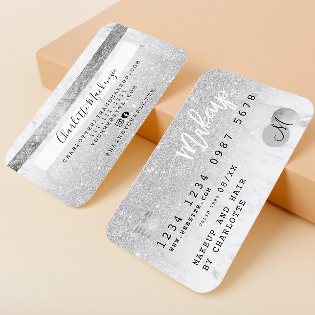 Kreditkarte silber Glitzer Marmor chic Monogramm Visitenkarte (Von Creator hochgeladen)
