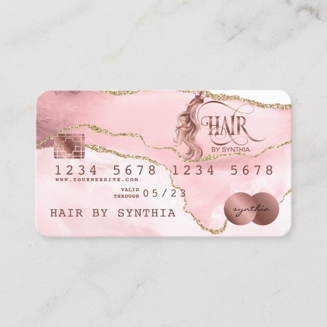 Kreditkarte Styling Rose Gold Agate Hair Stylist Visitenkarte (Vorderseite)
